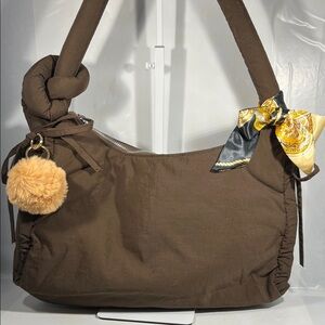 Brown Women's Bag with Pom Pom and Scarf